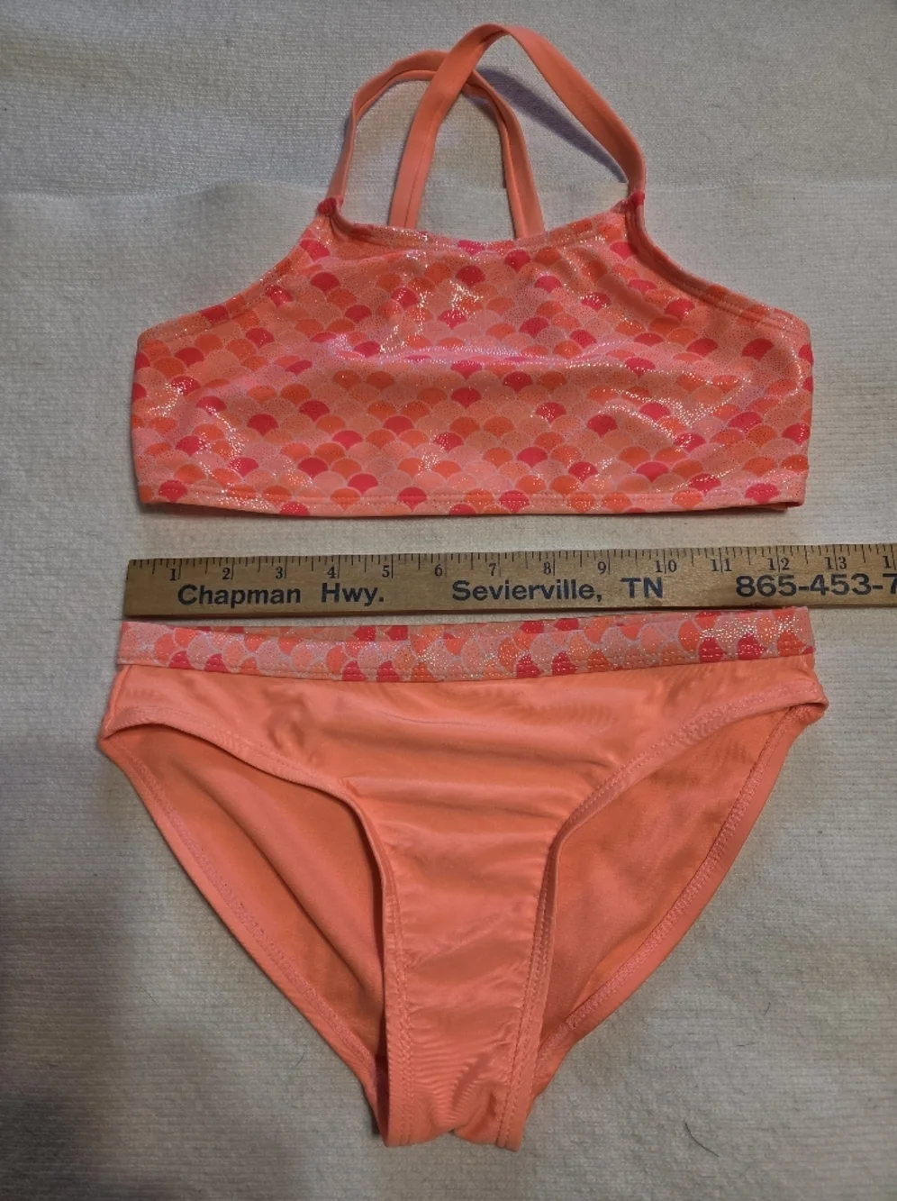 Girls' Neon Coral Mermaid Swimsuit Set with Skirt. Sz 10-12